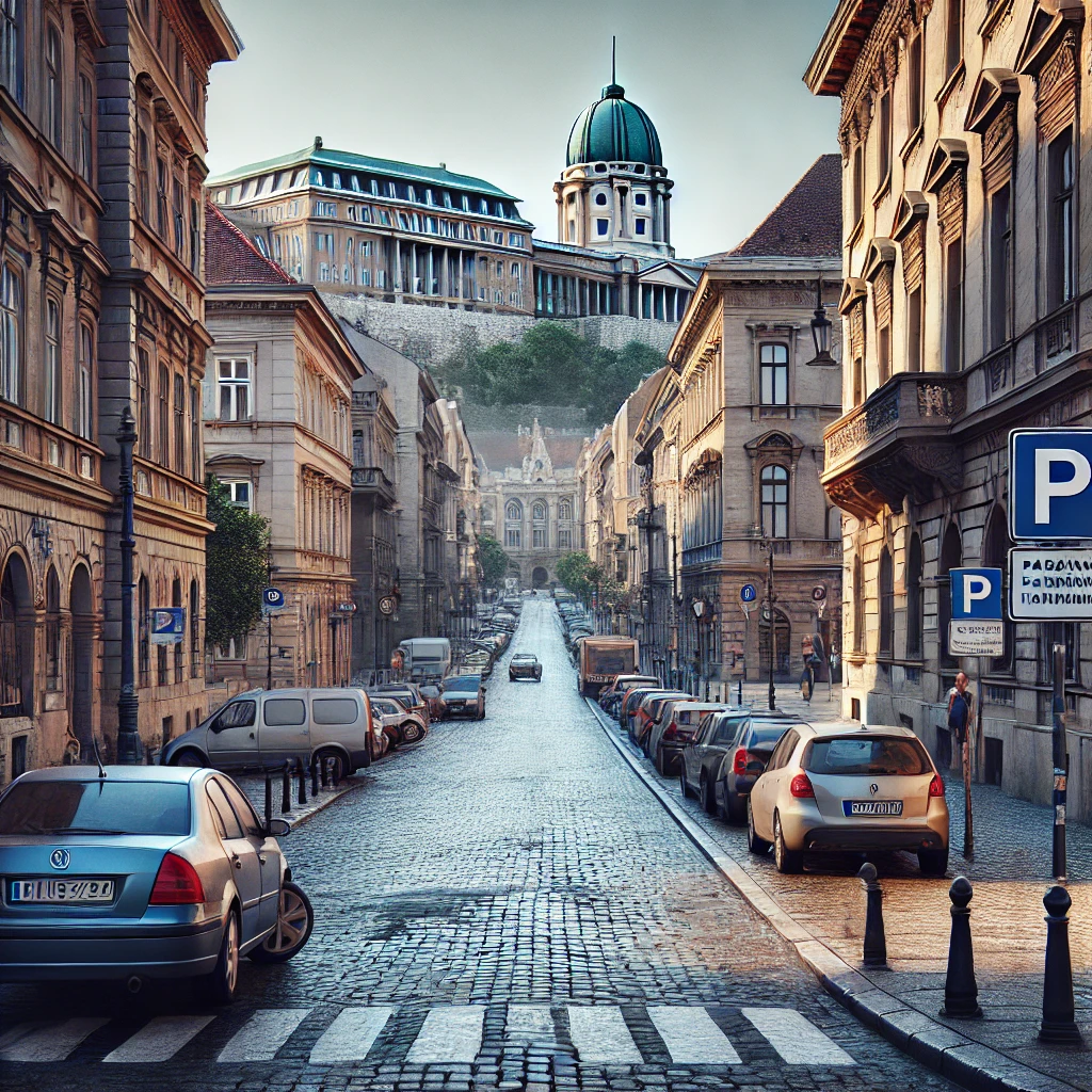 DALL·E-2024-12-23-15.49.13-A-realistic-and-detailed-image-of-parking-in-the-Buda-Castle-area-in-Budapest.-The-scene-shows-a-cobblestone-street-lined-with-historic-buildings-and-