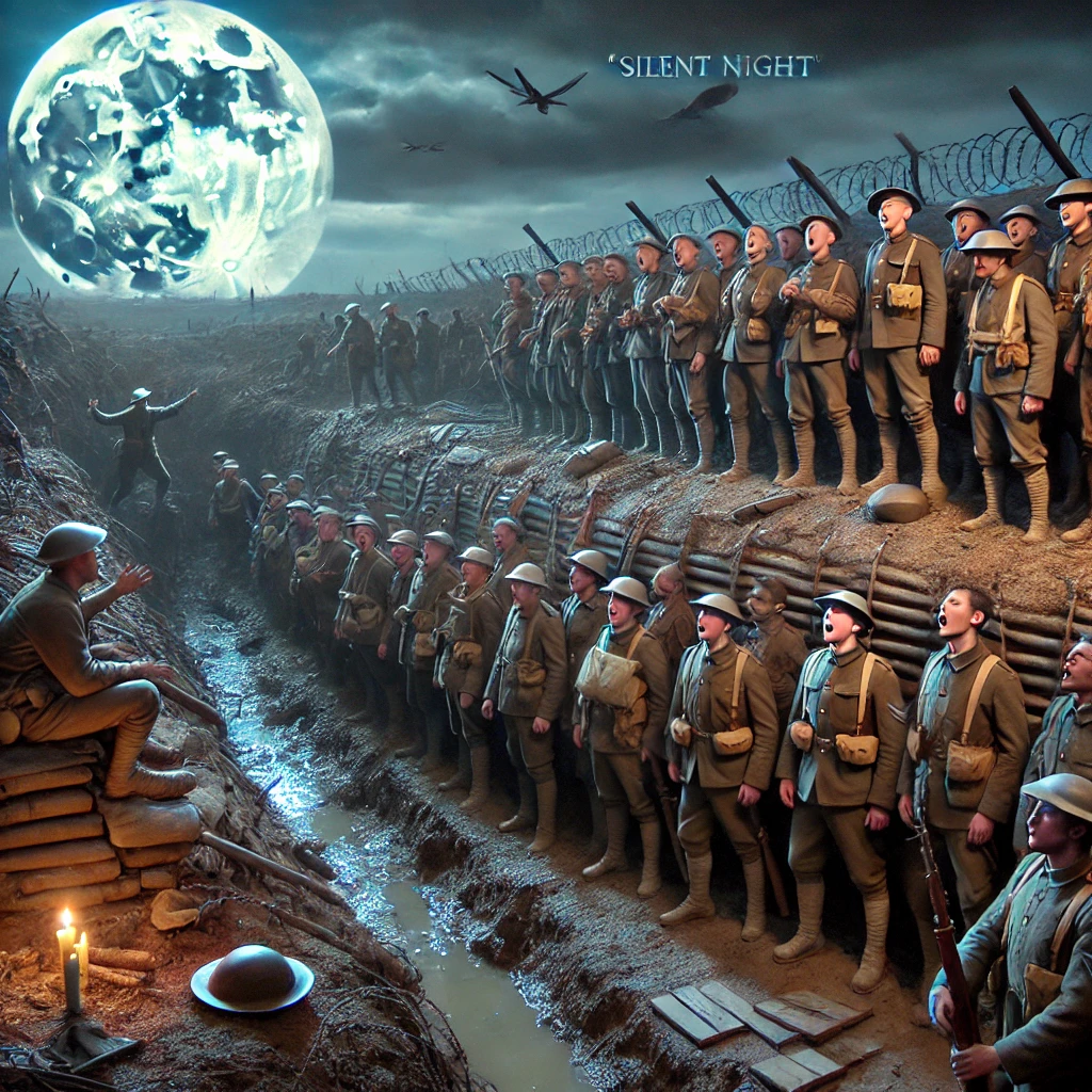 DALL·E 2024-12-23 18.08.05 – A poignant and historically inspired image depicting a World War I battlefield. Soldiers from opposing sides are positioned in their respective trench